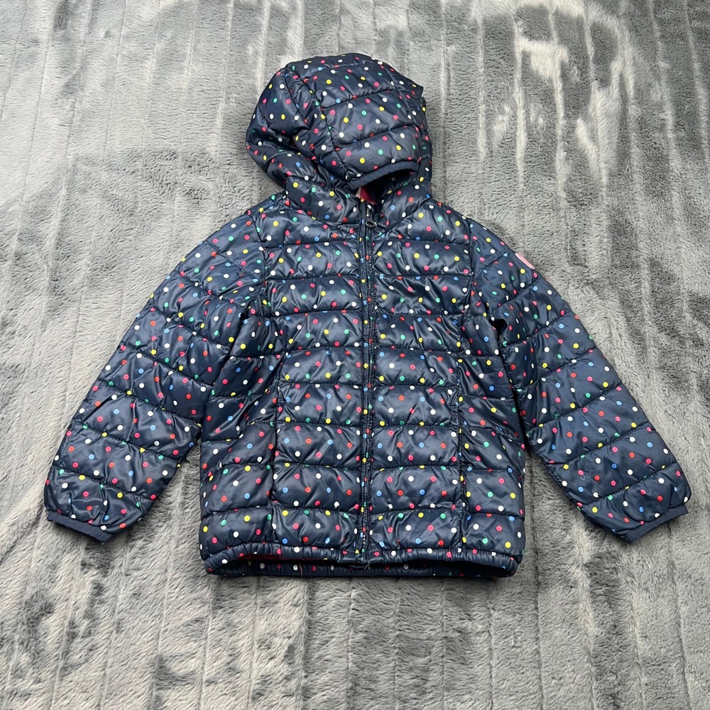 Baby Gap Kids Navy Polka Dot Puffer Jacket Hooded Coat Pink Lining 5T 14418